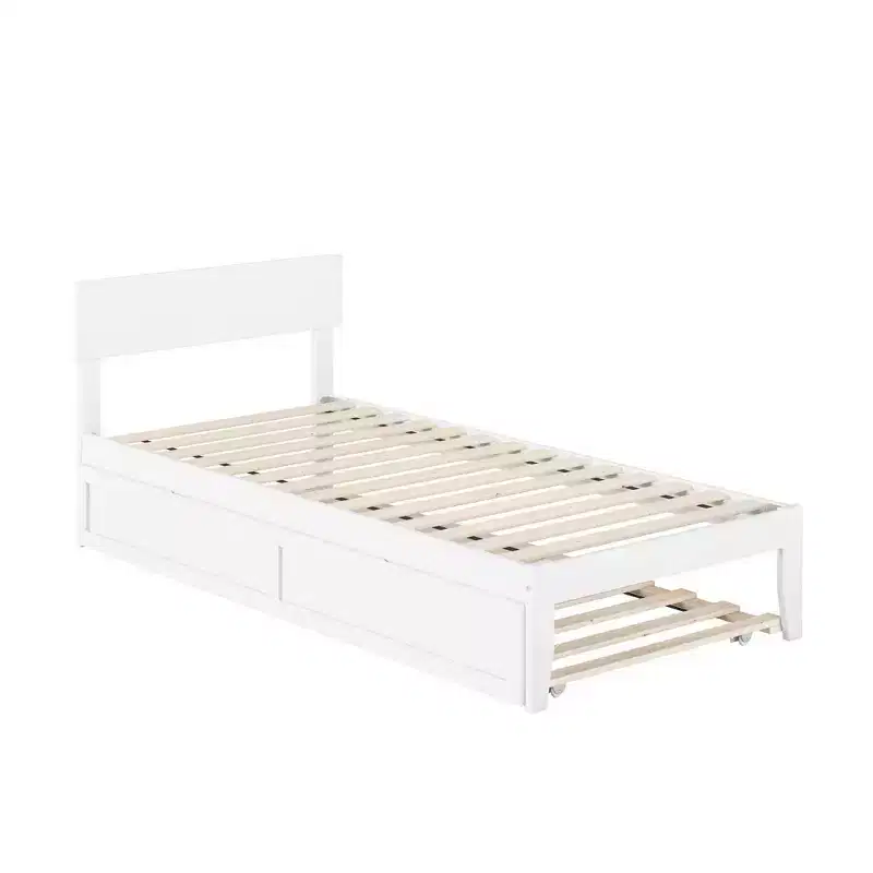 Twin Platform Bed with Twin XL Trundle, Walnut Veneer, Reinforced Center Support