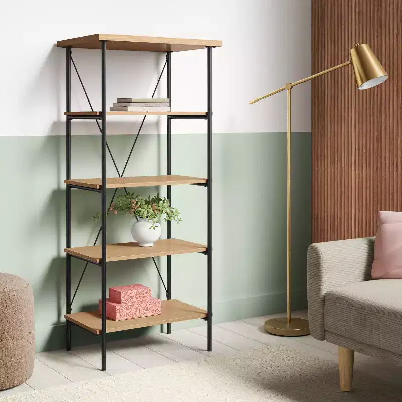 Wood and Metal Media Tower Bookcase Natural - Room Essentials™