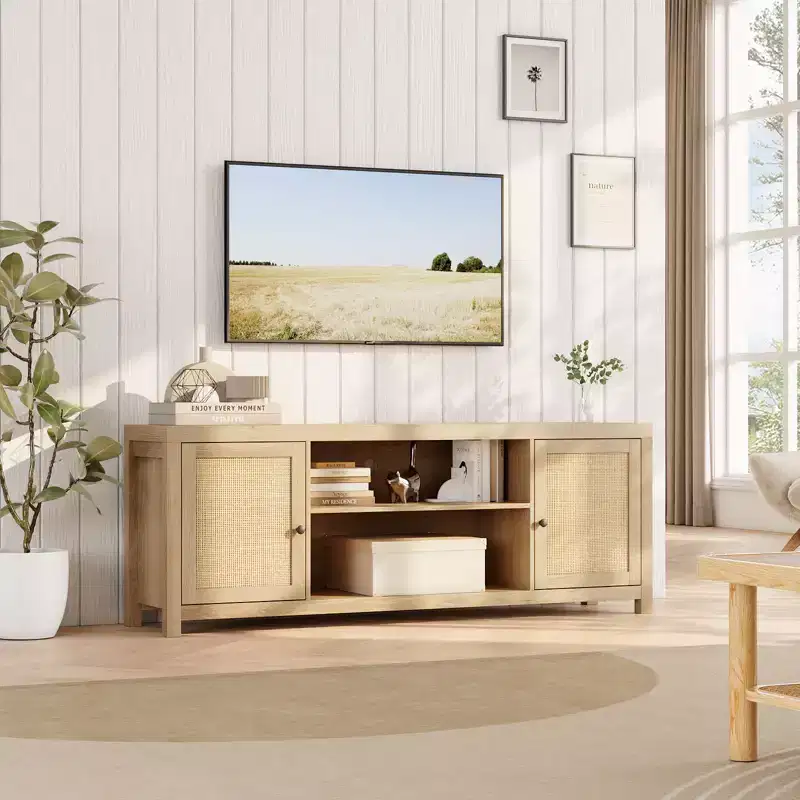 66-Inch TV Stand Entertainment Center with 2 Rattan Doors & Adjustable Shelves – Farmhouse Style