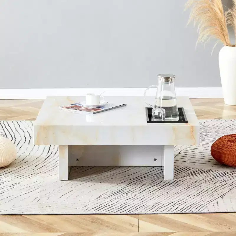 31.4 Imitation Marble MDF Coffee Table, Modern Practical Elegant Square Center Table for Living Room