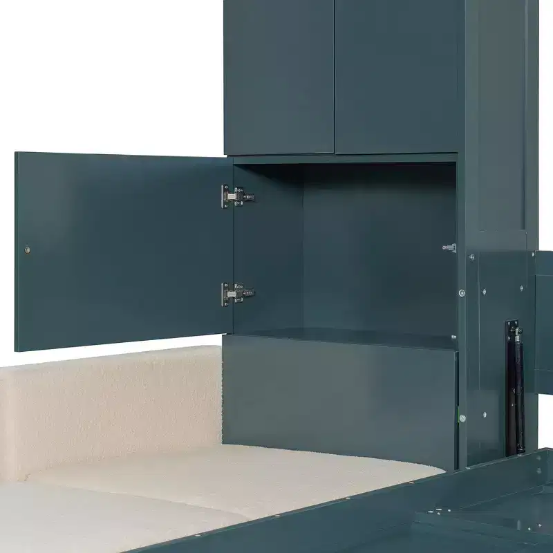 Queen Murphy Wall Bed with Beige Sofa and Shelves, Green Panel