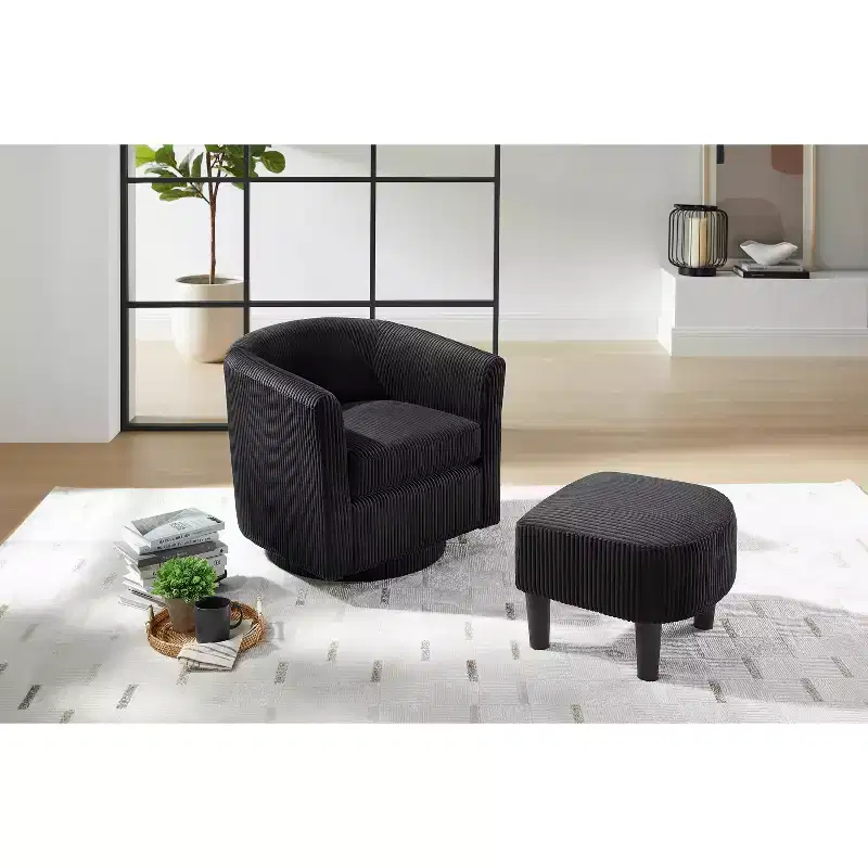 Swivel Accent Chair, Modern Swivel Chair with Ottoman, Comfortable Living Room Chairs Upholstered Armchairs 360 Degree Swivel Barrel Round