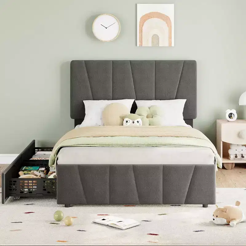 Whizmax Bed Frame with 4 Storage Drawers and Linen Upholstery Headboard and Footboard, Mattress Foundation with Wooden Slats Support, Gray