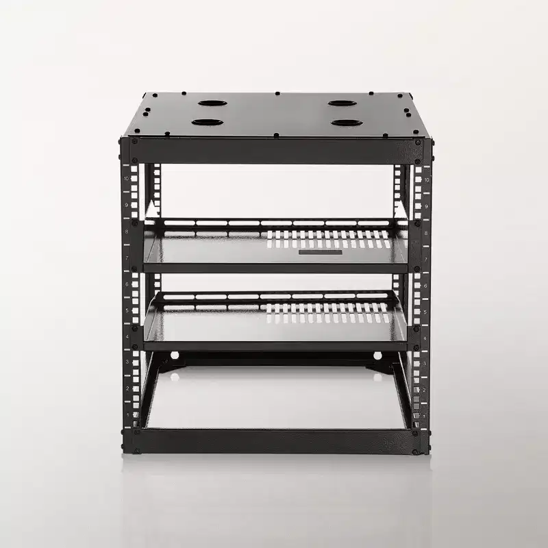 10U Open Frame Network Rack, 23 in Depth, Wall Mounted or Floor Standing Server Rack, Heavy Duty 4 Post, with Vented Shelves, Black