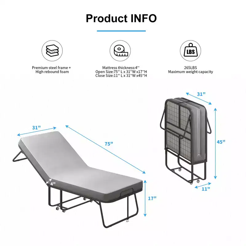 Folding Bed with Mattress,Portable Guest Bed Camping Cot,Soft Padded Rollaway Sleeping Bed