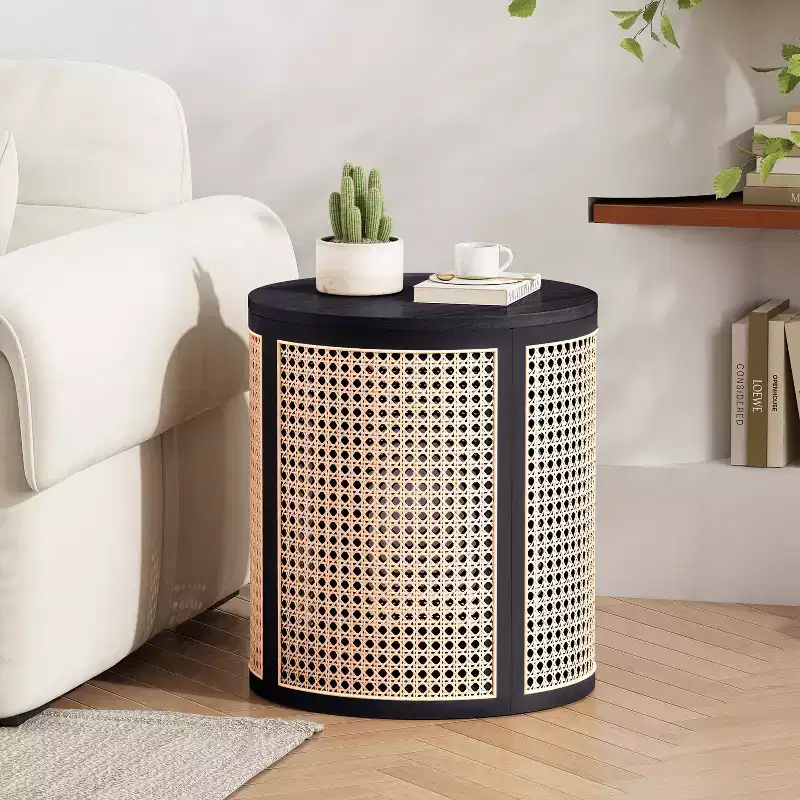 Round Rattan Side Table with Rubber Solid Wood Top, 15.7 in End Table, 15.7x15.7x17.8 in