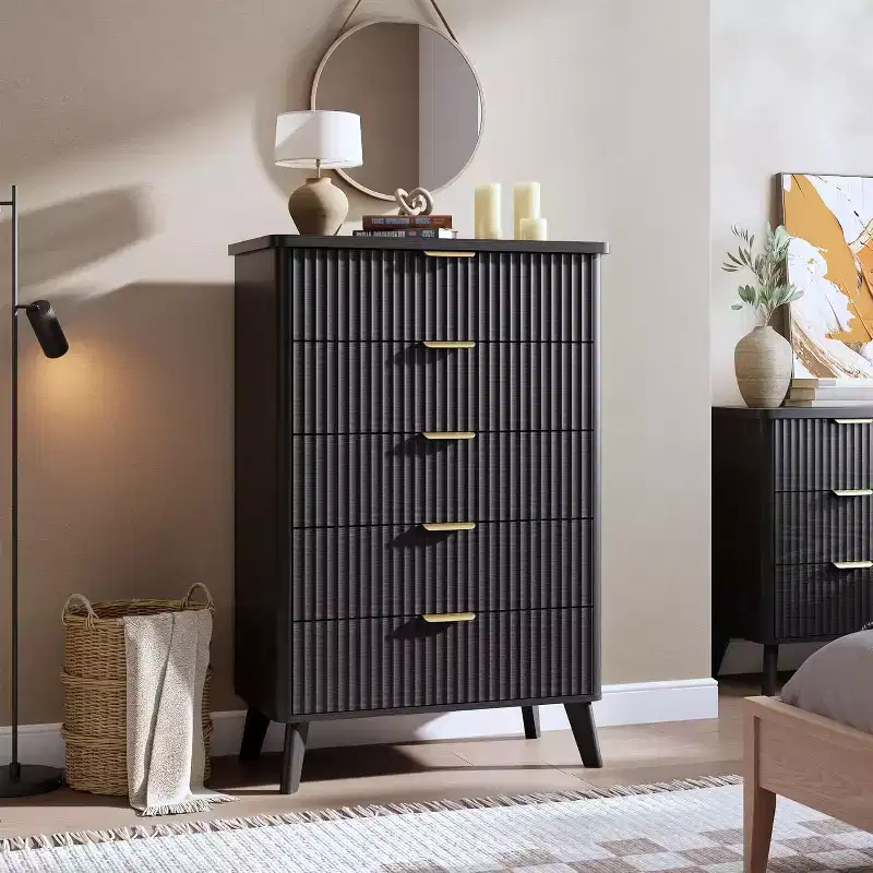 Fluted Dresser for Bedroom with 5 Deep Drawers, Tall Chest of Drawers, Curved Profile Design, Modern Wooden Dresser, for Living Room, Hallway