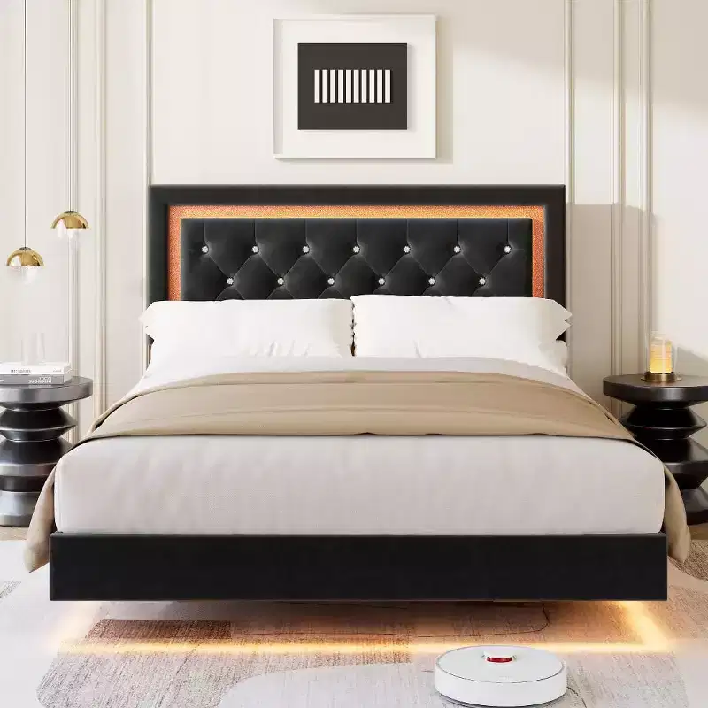 King Size Floating Bed Frame with LED Lights. Upholstered Platform Bed with Diamond Headboard. Wood Slats. No Box Spring Needed. Noise-Free