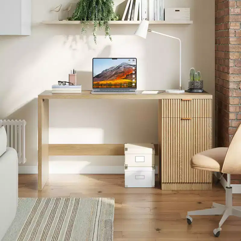 60 Executive Desk with Storage, Modern Home Office Desk with Drawer & Cabinet, Wood Fluted Computer Desks Workstation Writing Conference Table