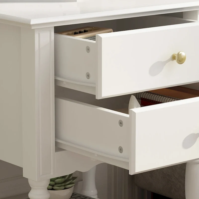 2-Drawer Nightstand with Open Shelves – White, MDF, Lacquer Finish, Single