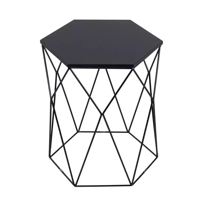 Geometric Side Table Midnight Black: Hexagonal, Iron Frame, No Assembly Required