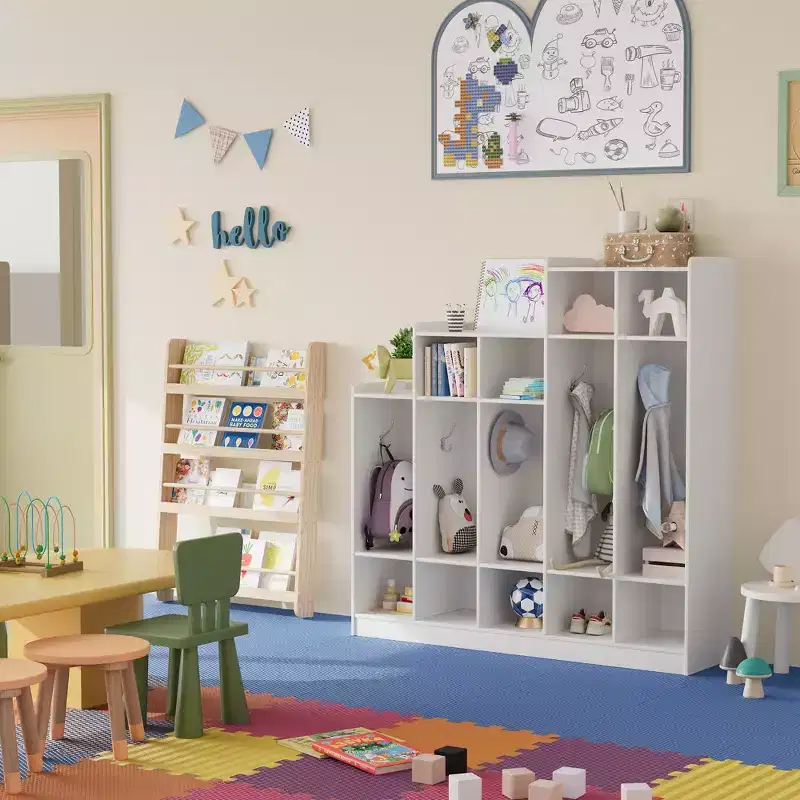 5-Section Classroom Coat Locker with 10 Hooks, Cubby Storage Organizer with 9 Cubbies for Home, Nursery, School, Kindergarten