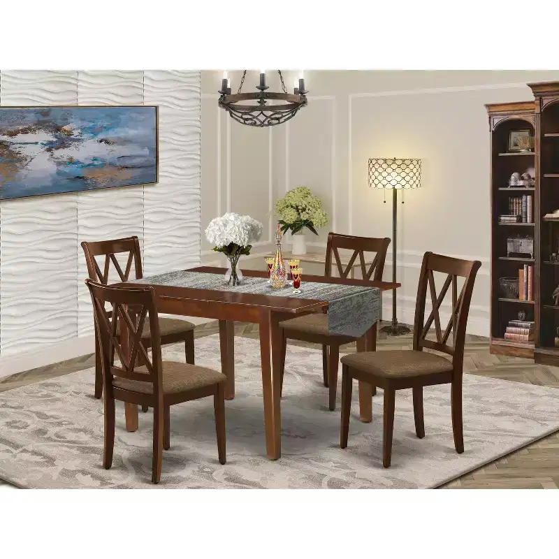 HomeStock 5 Piece Dining Set Rectangle Table with 4 Linen Fabric Chairs Mahogany