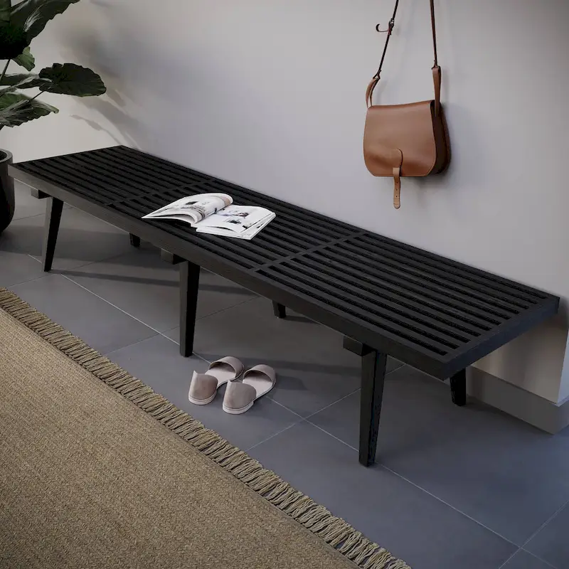 Solid Wood Entryway Bench Rubberwood Platform Vanity Bench with Slatted Design for Living Room & Bedroom Furniture