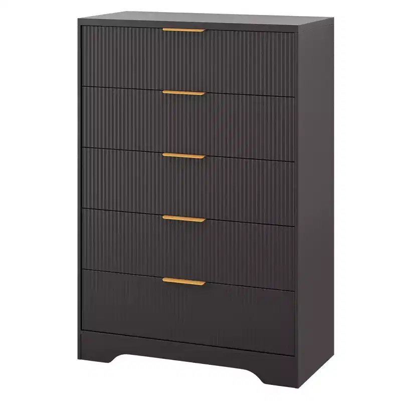 GustoWave 5-Drawer Chest with Fluted Drawer Fronts and Gold-Tone Handles, Tall Storage Dresser for Bedroom