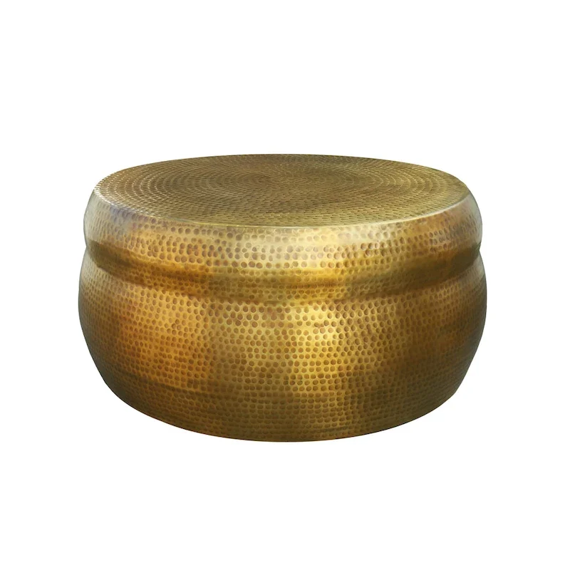 32 Inch Artisanal Round Drum Coffee Table, Hammered Embossed Texturing, Aluminum, Antique Brass