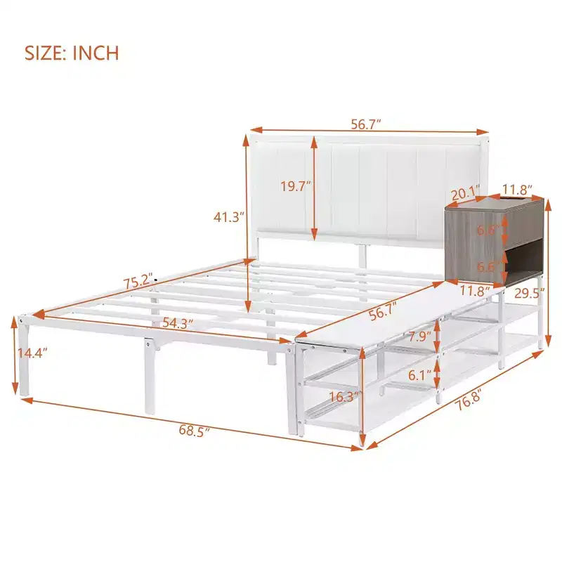 Full Size Metal Platform Bed with Upholstered Headboard, Storage Shelves, Cabinet & USB Ports