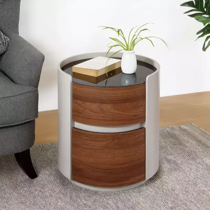 Vintage Round Side Table with Double Storage Shelves Tempered Glass Top Brown Gray