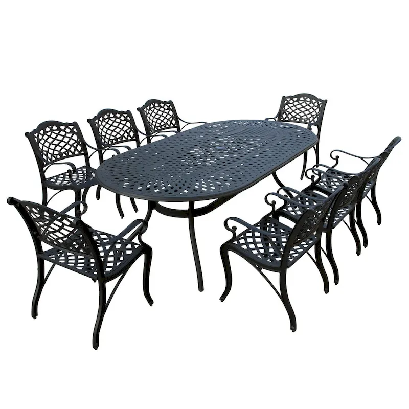 Modern Outdoor Mesh Lattice Aluminum 95-in Large Oval Patio Dining Set with Eight Arm Chairs - N/A
