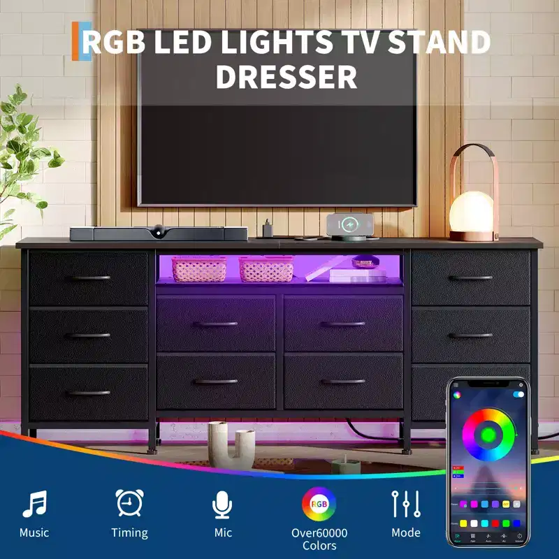 63 Storage Drawer Unit with 10 Fabric Drawers, Long Dresser Organizer with LED Light & Charging Station, Wide Storage Cabinet for Bedroom, Closet