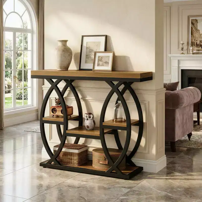 JVNOXK Industrial 4-Tier End Table with Geometric Metal Frame for Living Room