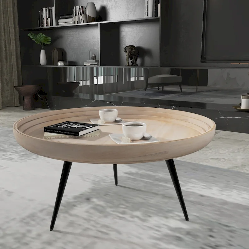 30-Inch Round Tray Top Coffee Table, Handcrafted Mango Wood, Washed White