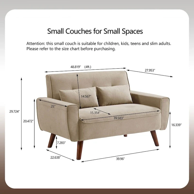 48.82 Small Tufted Loveseat Sofa 2 Set with Tapered Wood Legs