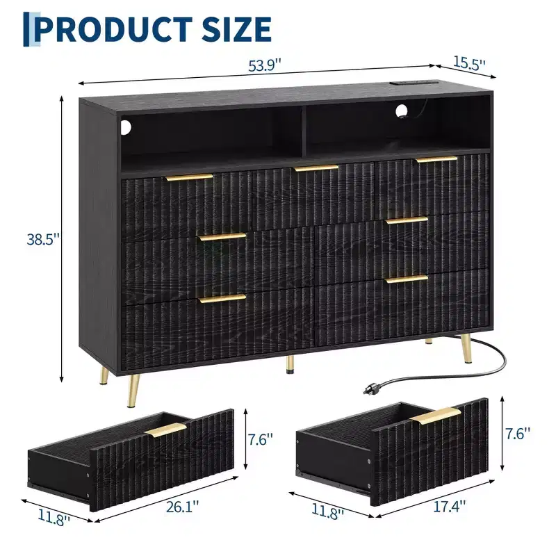 Fluted 7 Drawer Dresser, Chest of Drawers with LED Lights and Charging Station, Gold Handles, Open Shelf Storage, for Bedroom, Hallway, Black