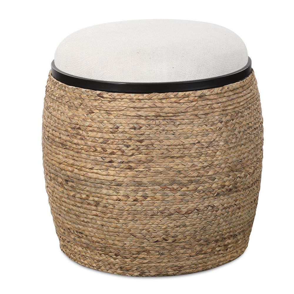 Round Braided Straw Matte Black Iron Upholstered Stool
