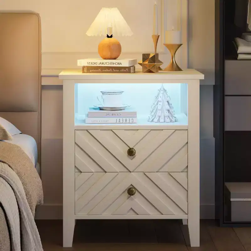 White Farmhouse Nightstand with 2 Drawers, Ambient Lighting & Open Shelf, 19.7
