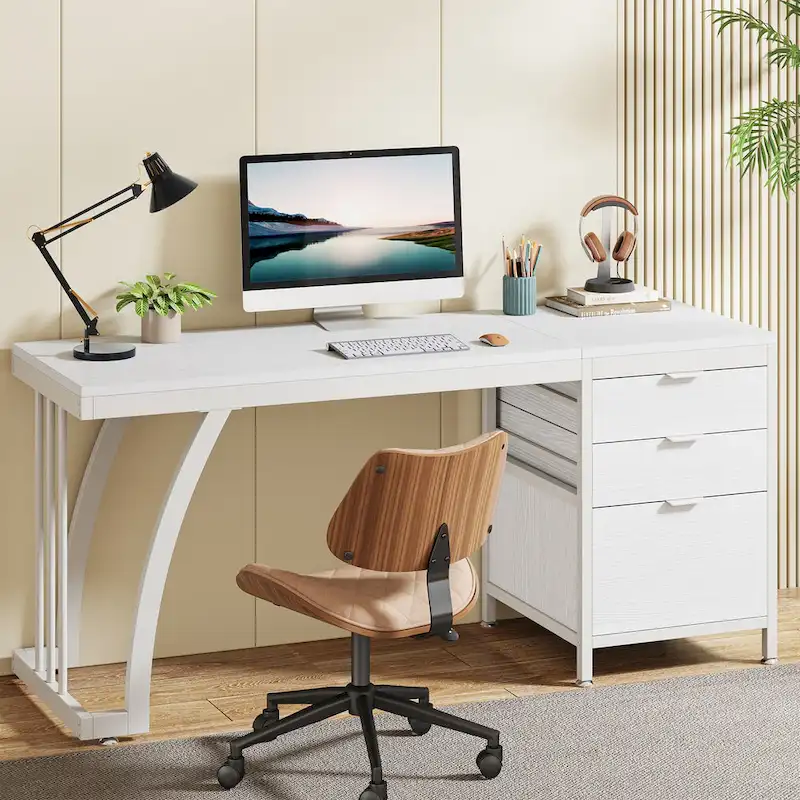 Large Computer Desk with Reversible Drawer Cabinet