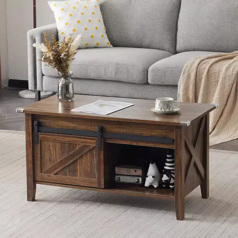 Farmhouse Lift Top Coffee Table, Coffee Tables with Storage Shelf/Hidden Compartment, Mesa De Centro para Sala, Rustic Brown