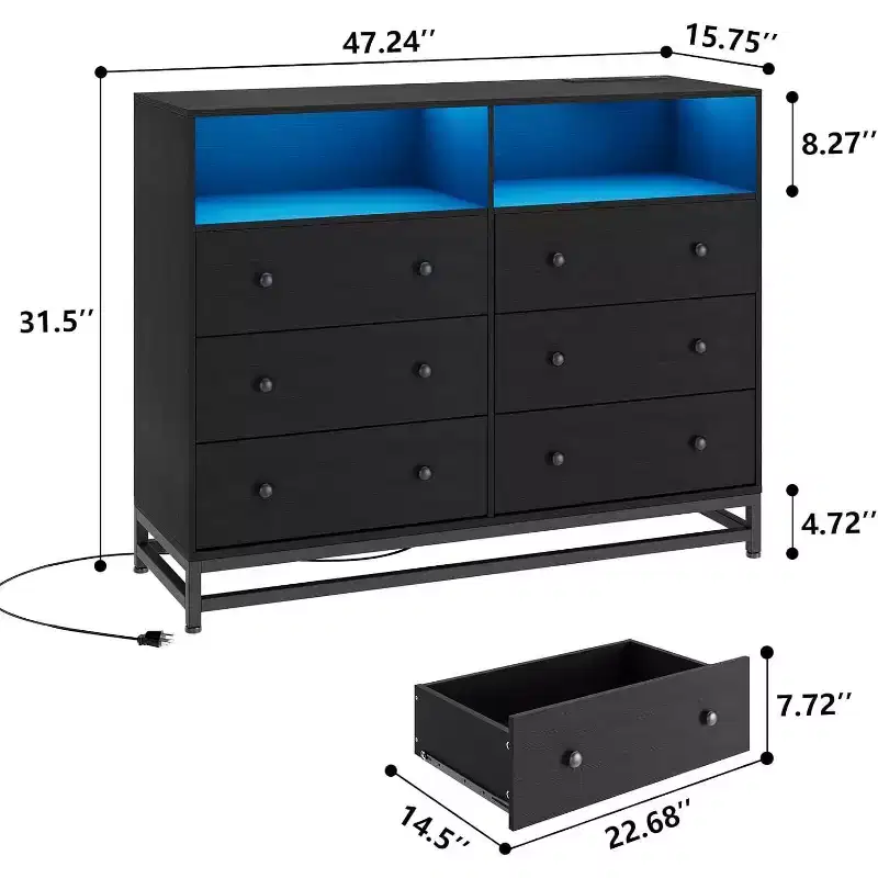6 Drawer Dresser with Charging Station, Wide Storage Organizer and TV Stand for Bedroom, Living Room