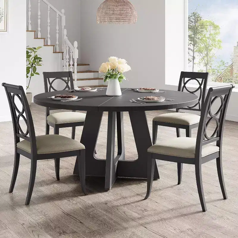 47 Round MDF Dining Table for 4-6, Farmhouse Style Wood Top & Legs, Large Home Table for Kitchen Living Room (No Chairs)
