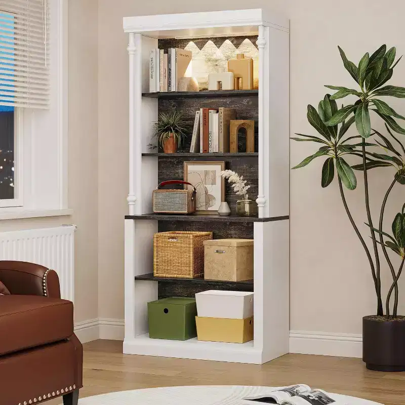 71'' Bookshelf with Adjustable Shelves,5-Tier Display Cabinet Farmhouse Wood Bookcase with Anti-Tip Design for Living Room Office