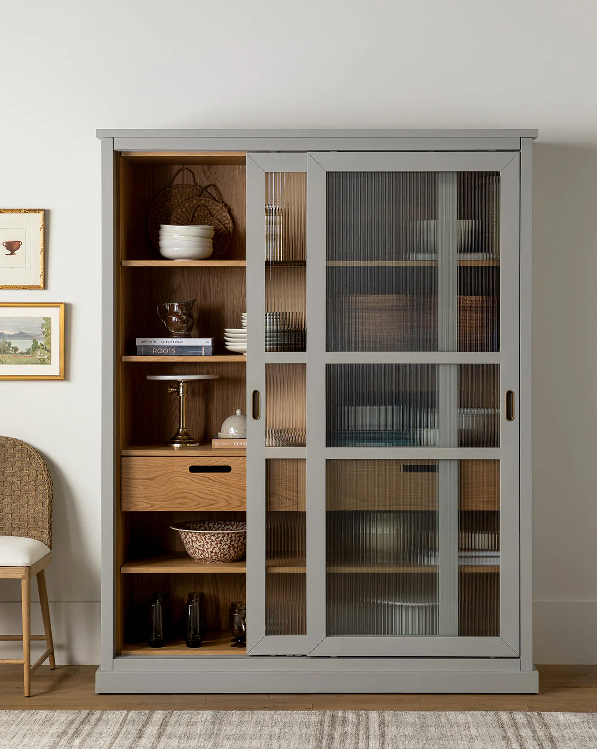 Contemporary Painted Oak Cabinet with Sliding Reeded Glass Doors for Living Room