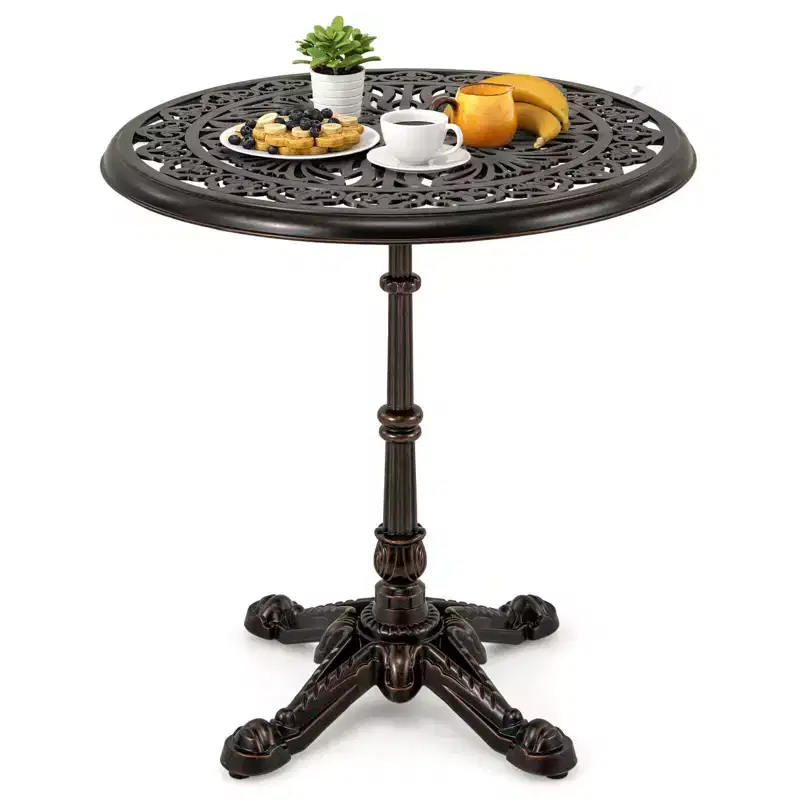 Costway 27 Round Cast Aluminum Patio Bistro Table with Hollow Top Cross Base for Backyard