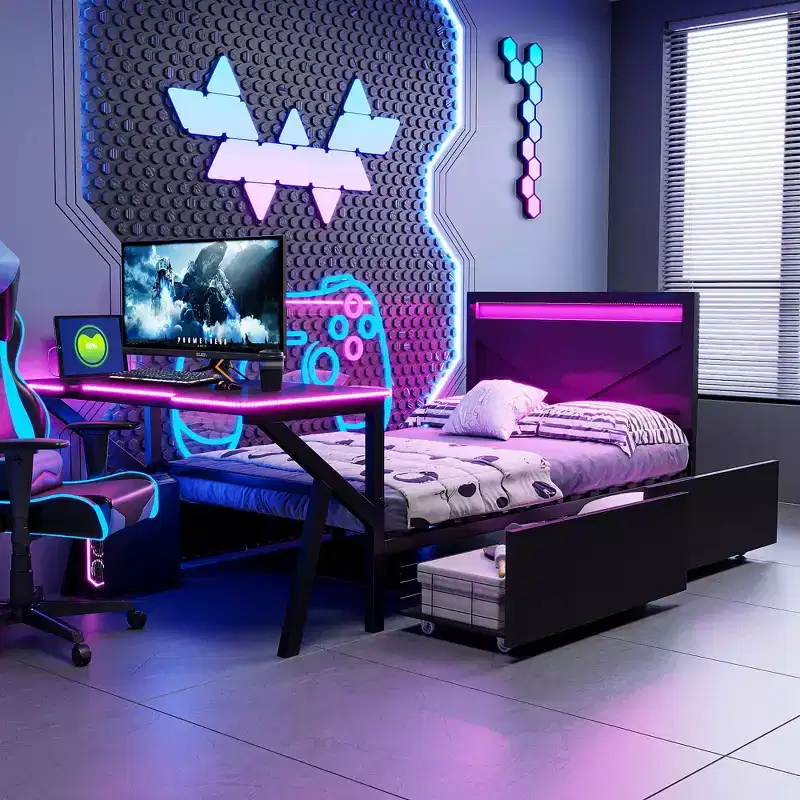 Twin/Full Gaming Bed with Desk and LED Headboard, Metal Game Bed with Storage Drawers for Kids and Adults, Black