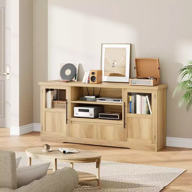 63 TV Stand for 75 Inch TVs with Glass Cabinets & Open Shelves, Farmhouse Modern Media Console with Cable Management for Living Room