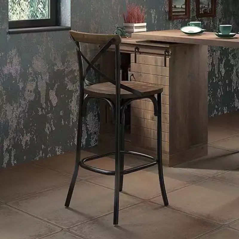 Simple Relax Metal and Wood Barstool with X-Shape Backrest