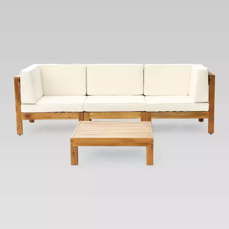 Brava 4pc Acacia Modular Sofa and Table Set - Teak/Beige - Christopher Knight Home: Weather-Resistant Outdoor Seating