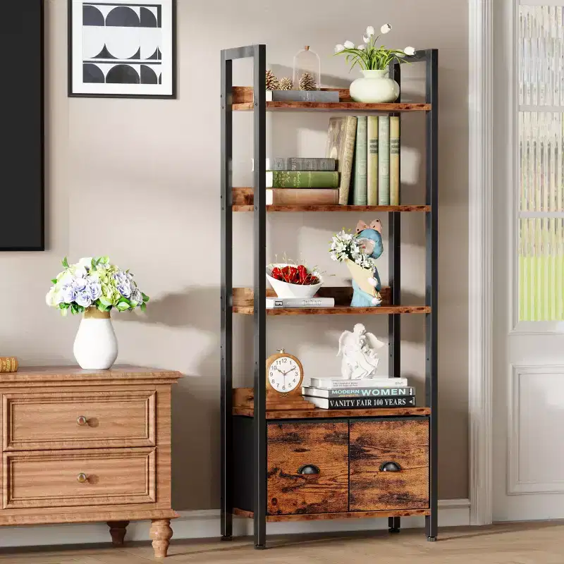 5 Tier Industrial Tall Bookcase with Two Storage Drawers Wood Metal Display Bookshelf Standing Organizer Shelf for Home Office Living Room Brown