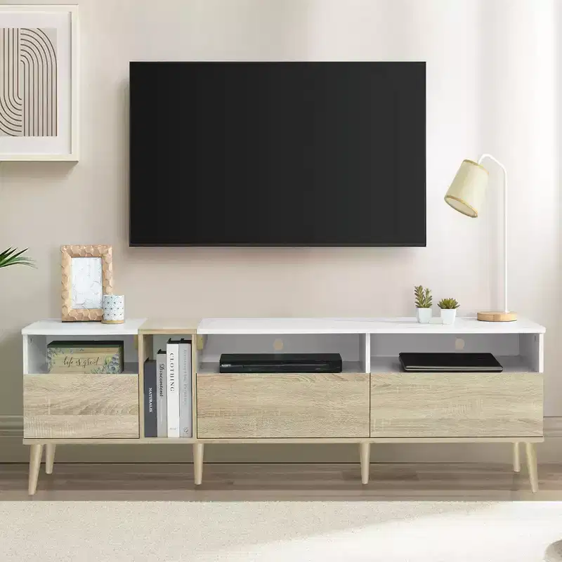 Bestier Modern TV with 3 Drawers and Open Shelves, Media Console Table for TVs up to 80'', Entertainment Center for Living Room, Color-Matching Design