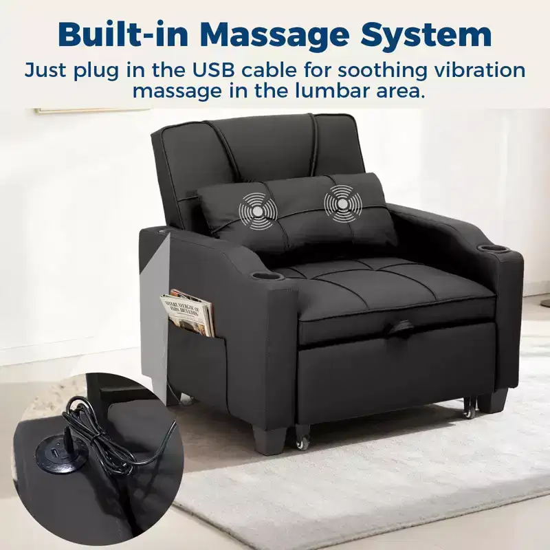 4-in-1 Convertible Sofa Bed with Massage Pillow - USB/Type-C & Cup Holders for Small Spaces