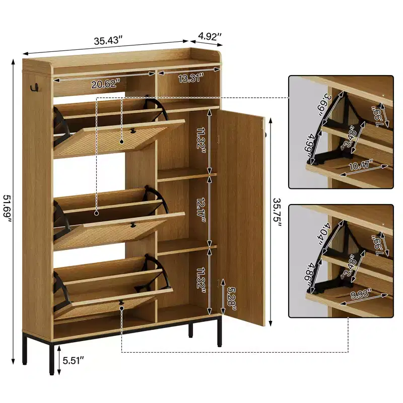 CuisinSmart 3 Tier Free Standing Shoe Cabinet with Natural Rattan, Shoe Organizer with Adjustable Shelves, Narrow Shoe Rack for Hallway, Wood