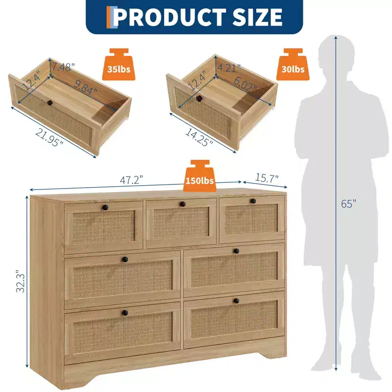 CuisinSmart Natural Rattan 7 Drawer Dresser for Bedroom, Farmhouse Wooden Chest of Drawers for Living Room, Entryway, Hallway, Oak