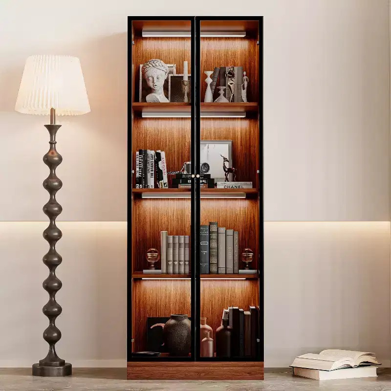 ATJafurn 23.6'' Brown Glass Display China Cabinet Liquor Curio Storage Hutch, Mid Century Modern Wooden 4-Tier Dining Shelf with Led for Living Room