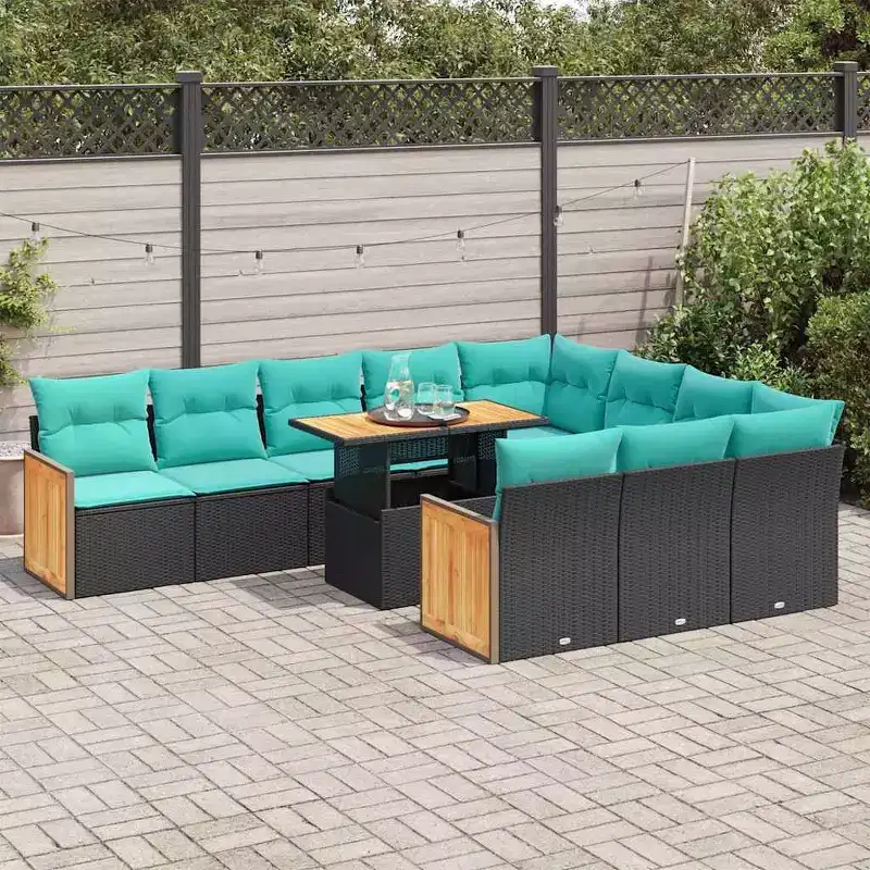 vidaXL 11 Piece Patio Sofa Set with Cushions Black Poly Rattan Acacia