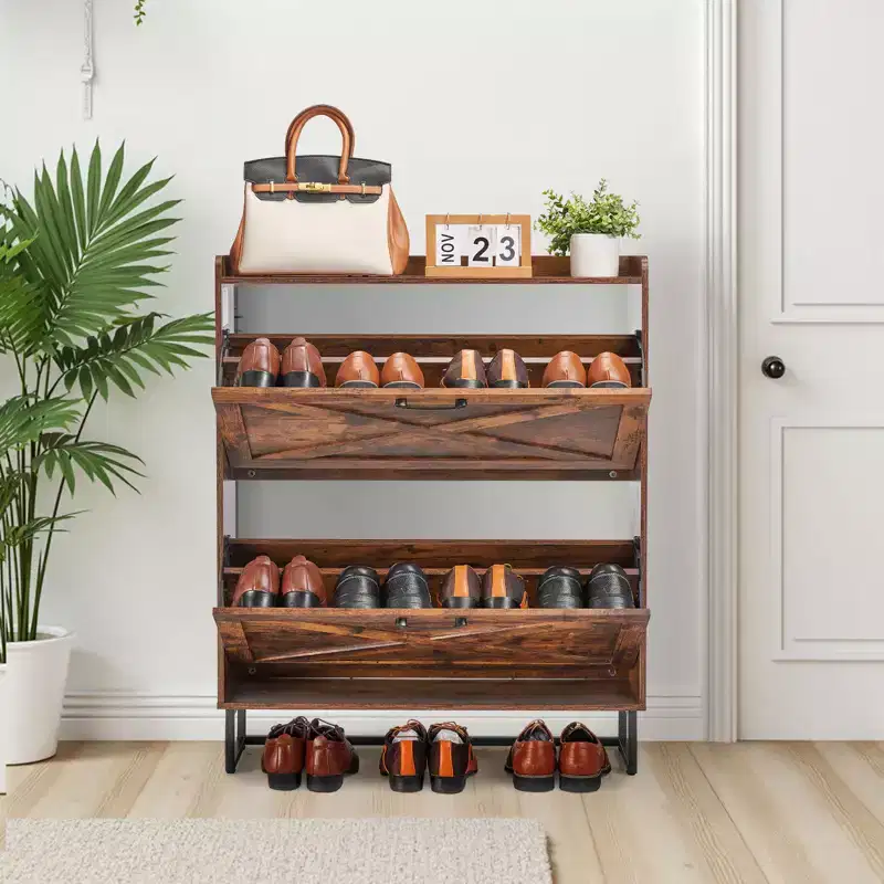 VEVOR Shoe Cabinet with 2 Flip Drawers, Farmhouse Shoes Storage Cabinet with Metal Legs and Anti-Tipping Device, Brown