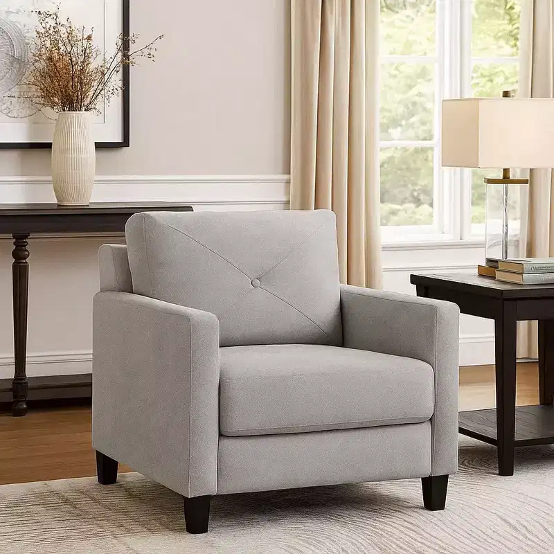 Accent Chair, Track Armrest, Gray Fabric Seat w Tufted Backrest